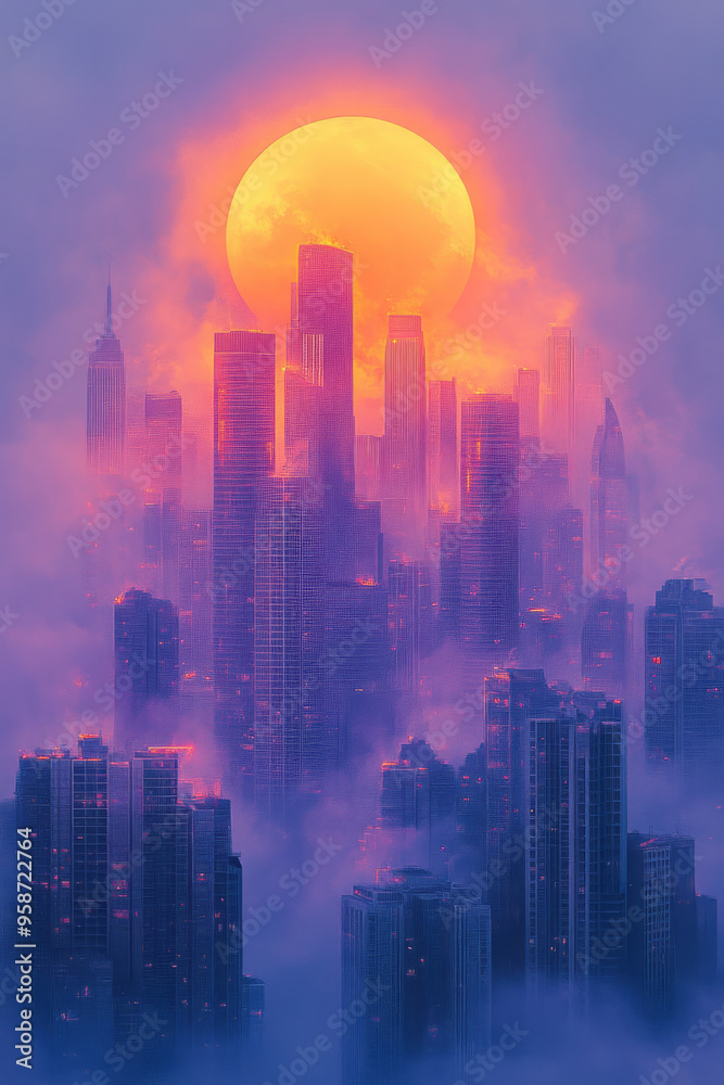 A cityscape created from overlapping circles and semi-circles in shades of pastel purple and yellow, isolated on a pastel blue background,