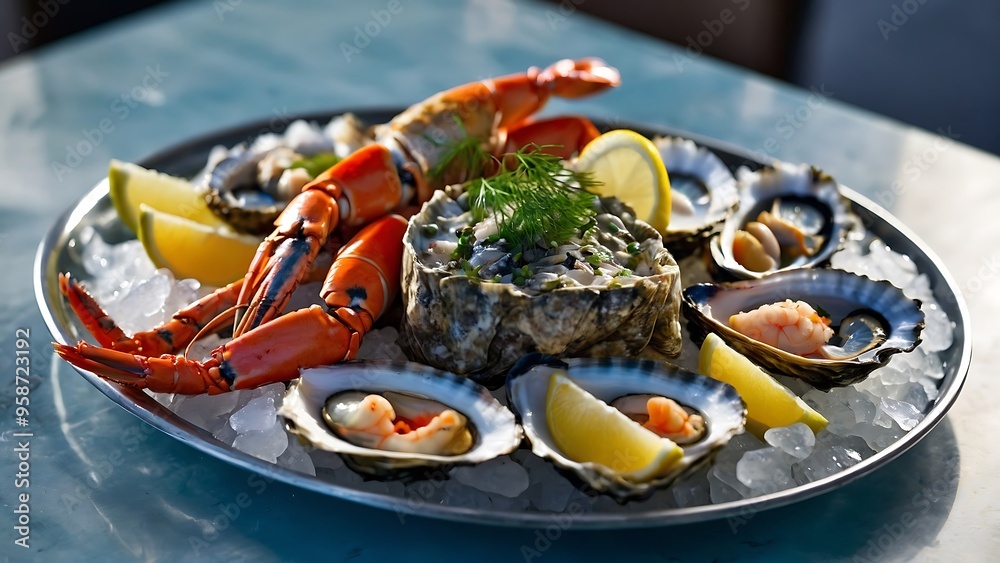 Luxurious Seafood Platter with Fresh Shellfish and Dipping Sauces Luxurious Seafood Platter with Fresh Shellfish and Dipping Sauces