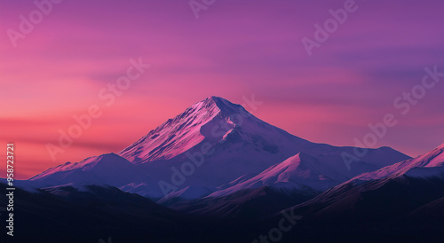 Um pico de montanha icônico se destaca contra um céu crepuscular dramático, colorido em tons de rosa e roxo, exibindo a beleza serena e inspiradora da natureza. photo