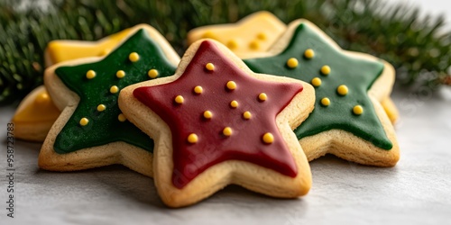 Christmas cookies shaped like stars and trees covered in colorful icing placed on a wooden table with pine branches festive and delicious warm and cozy atmosphere red and green palette