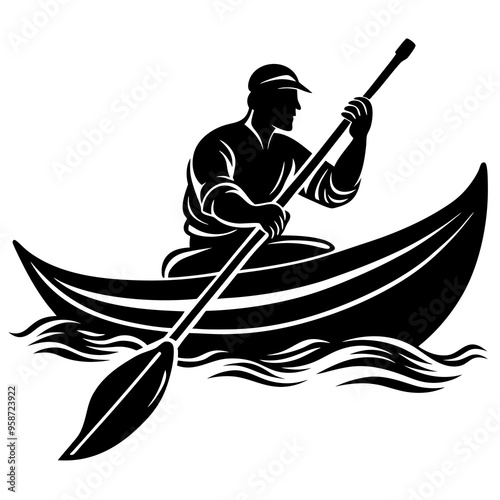 canoe with a man silhouette vector on a white background