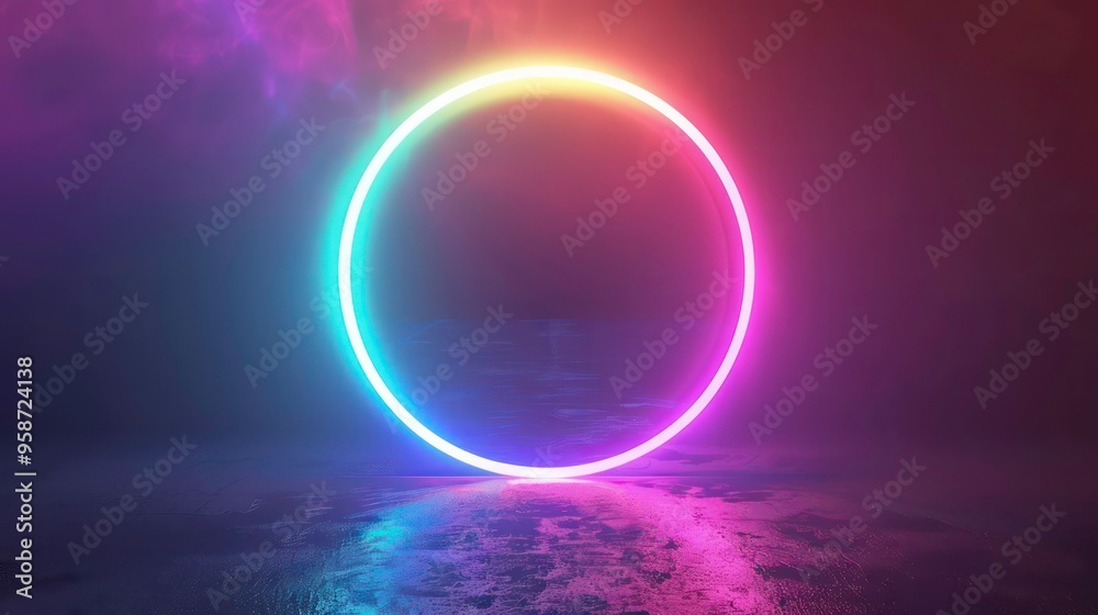 Glowing neon circle with reflections on wet surface. Glowing neon circle with reflections on wet surface.