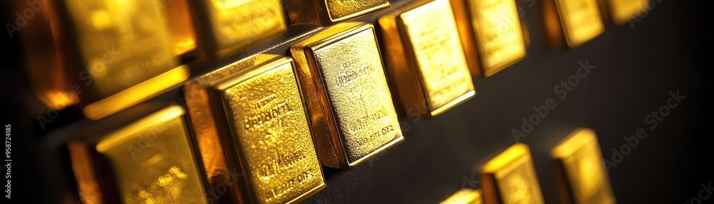 Close-up of shining gold bars stacked neatly, showcasing luxury and wealth, ideal for finance and investment themes. Close-up of shining gold bars stacked neatly, showcasing luxury and wealth, ideal for finance and investment themes.