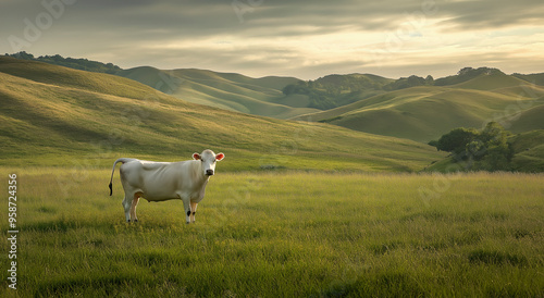 Uma imagem pacífica capturando uma vaca branca parada em meio a um campo gramado e pitoresco com colinas ondulantes ao fundo, personificando tranquilidade e vida pastoral. photo