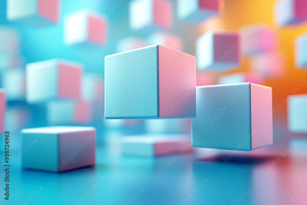 An abstract 3D grid of floating cubes with rounded edges, softly lit from the side, casting soft shadows on a pastel blue background, An abstract 3D grid of floating cubes with rounded edges, softly lit from the side, casting soft shadows on a pastel blue background,
