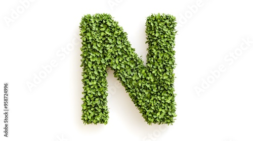 Hyper-Realistic Green Topiary Letter "N" Isolated on a White Background, Ideal for Eco-Friendly and Nature-Inspired Design Concepts