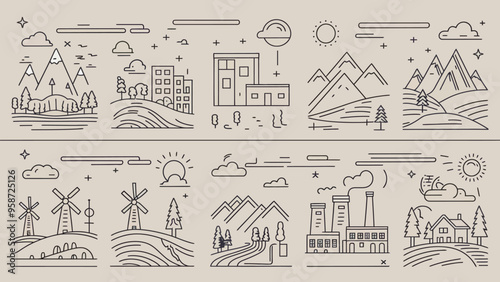 2d vector illustration icon, shape line , architecture factory and town with home 
