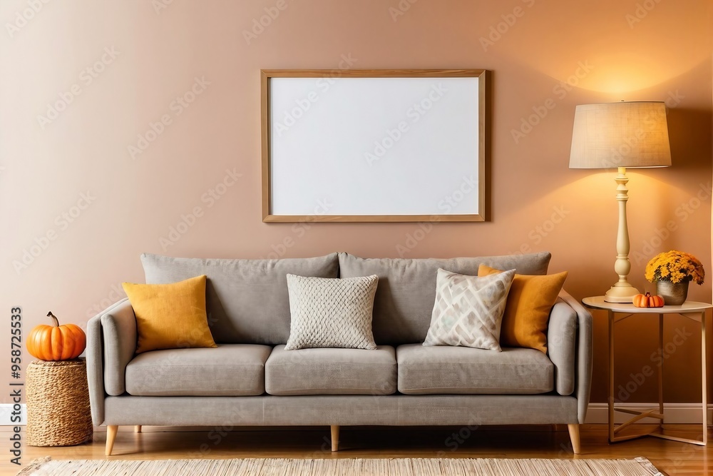 Domestic living room with a sofa, lamp, and mock-up frame. Autumn Living Room Decor.