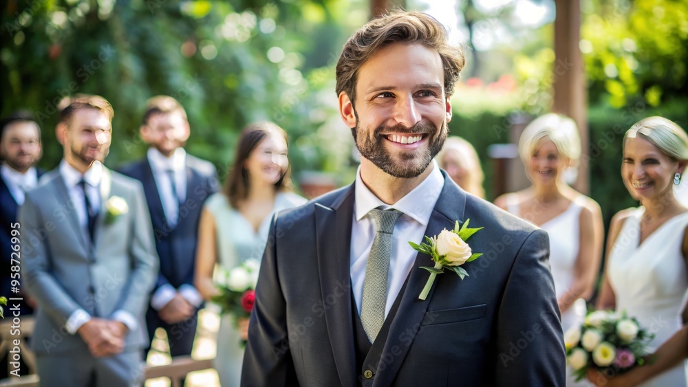 Smiling Groom Attendant Wearing Suit And Boutonniere Assists Guests With Wedding Ceremony Seating Smiling Groom Attendant Wearing Suit And Boutonniere Assists Guests With Wedding Ceremony Seating