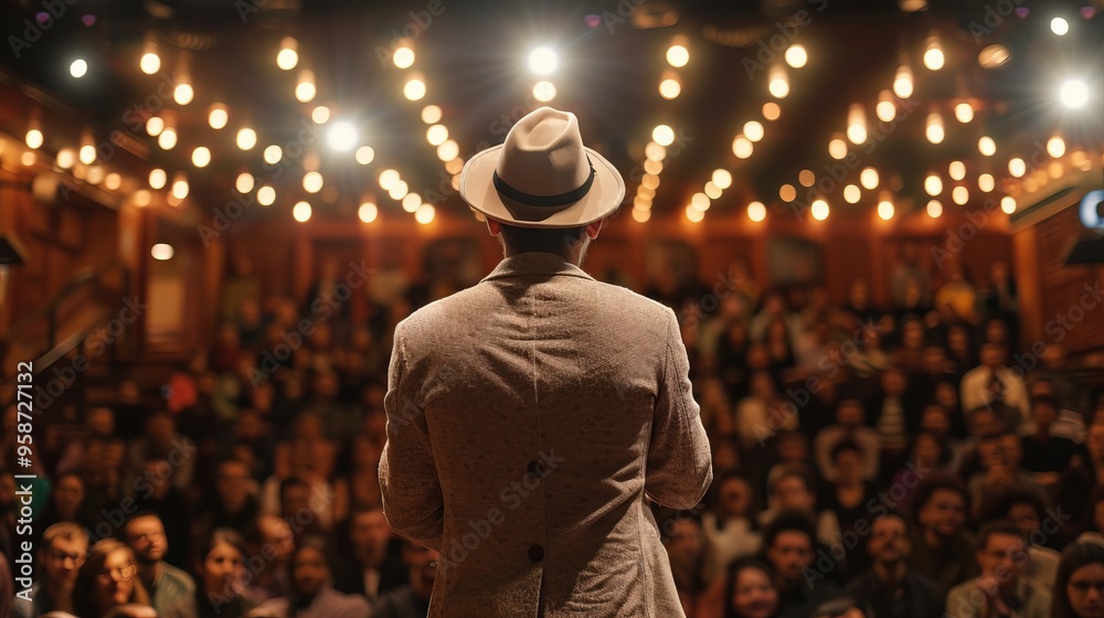 Obraz premium A man stands on stage in front of a crowd of people