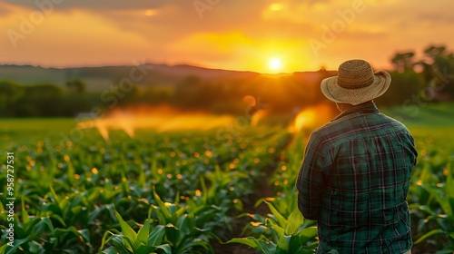 A farmer standing in a vast field, looking over his crops at sunset, creating a peaceful and reflective scene. Perfect for agricultural, rural lifestyle, or farming-related projects.