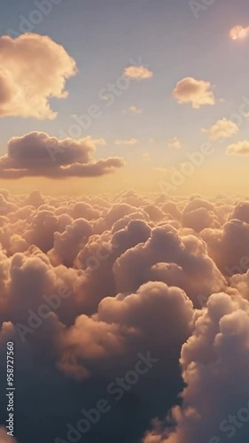 A breathtaking view of fluffy clouds illuminated by the golden glow of the setting sun.