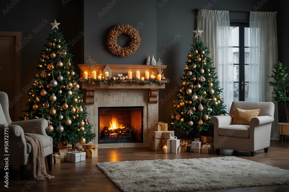 Festive interior with decorated Christmas tree and fireplace Festive interior with decorated Christmas tree and fireplace