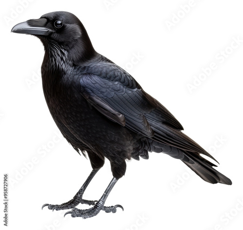 A black raven stands on its feet in natural light, cut out - stock png.