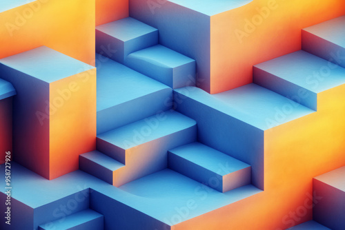 An abstract isometric pattern of interwoven steps and platforms in pastel yellow and blue tones, set against a pastel beige background,