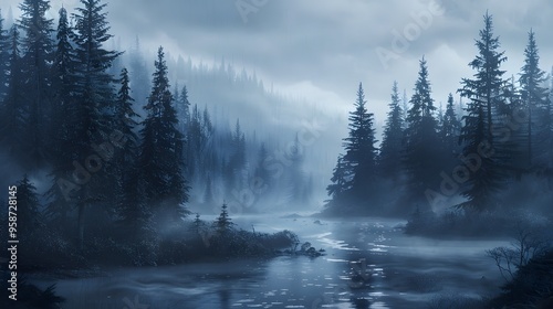 A serene watercolor painting depicting a misty forest and tranquil river in complete isolation from human influence.