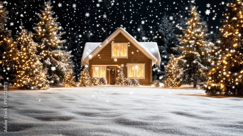 A charming house is nestled in a snowy landscape, embraced by towering pine trees. Twinkling lights illuminate the scene as snowflakes drift gently from the sky