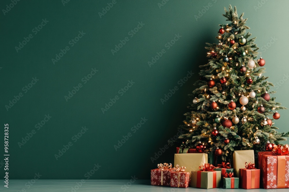 Decorated Christmas Tree with Presents Against a Green Wall Decorated Christmas Tree with Presents Against a Green Wall