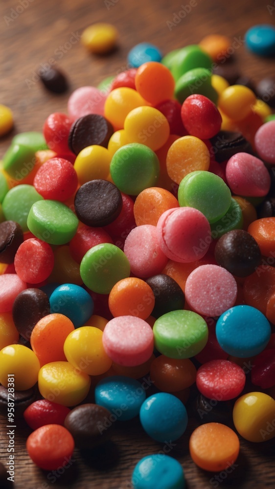 A pile of assorted candies on a wooden table. A pile of assorted candies on a wooden table.