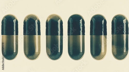 Silhouette of pills and capsules arranged in a line on a light-sensitive surface creating a photogram with strong contrast Stock Photo with copy space photo