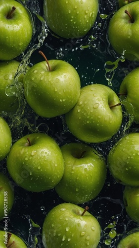 Background of green juicy apples with splashes of juice or water.