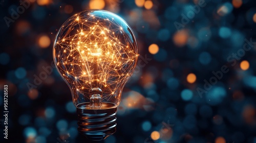 This scene features a glowing lightbulb interconnected with a network of luminous strands, illuminating a dark backdrop with a mesmerizing effect that highlights innovation and creativity