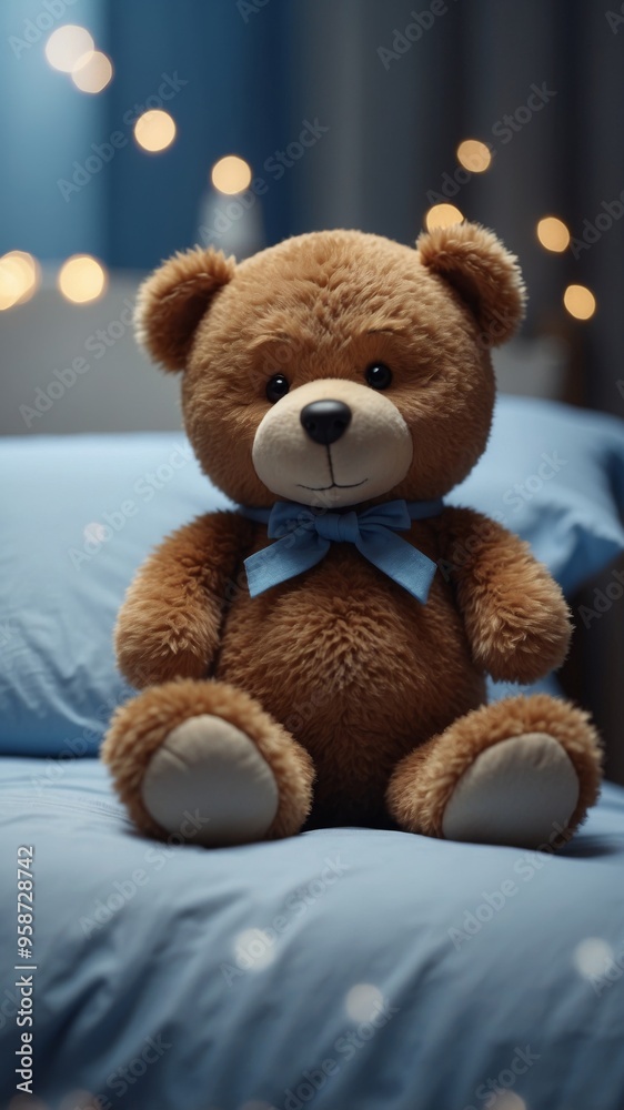 A teddy bear is sitting on a bed with a blue sheet. A teddy bear is sitting on a bed with a blue sheet.