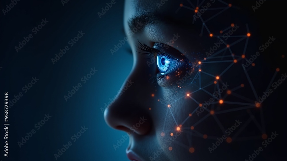A women with glowing blue eye, radiating orange and white energy lines. Close-up portrait suggesting intuition, spirituality, technology, human spirit. A women with glowing blue eye, radiating orange and white energy lines. Close-up portrait suggesting intuition, spirituality, technology, human spirit.