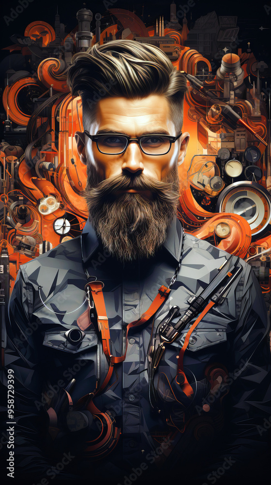 Obraz premium A bearded man on an intricate mechanical backdrop illuminated by warm light, exuding a sense of steampunk aesthetic.