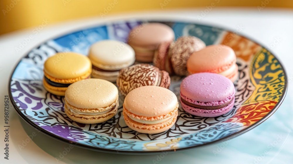 A group of macarons in various flavors, artistically arranged on a colorful, patterned plate for an eye-catching presentation A group of macarons in various flavors, artistically arranged on a colorful, patterned plate for an eye-catching presentation