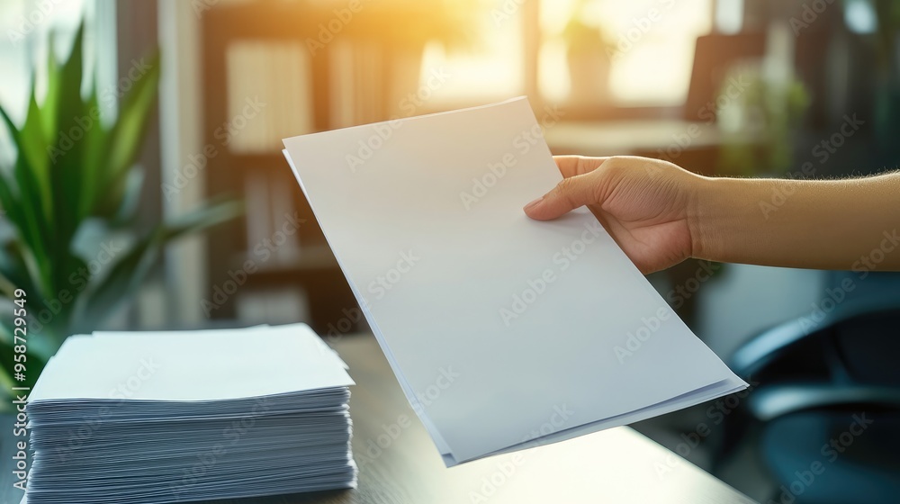 A hand holding a freshly printed document, with several blank paper sheets stacked on a modern desk.