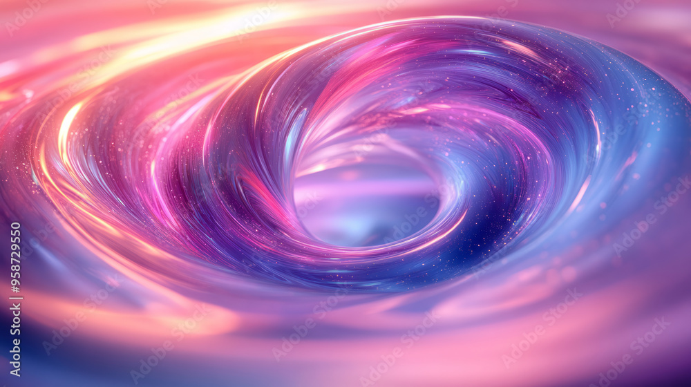 A swirling current of digital light streams with soft pink and blue hues, creating a fluid vortex effect, set against a pastel lavender background,