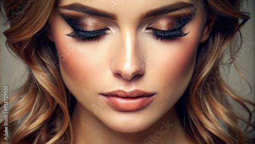 Soft, delicate features of a woman's face are accentuated by a subtle, earth-toned eye shadow palette and a