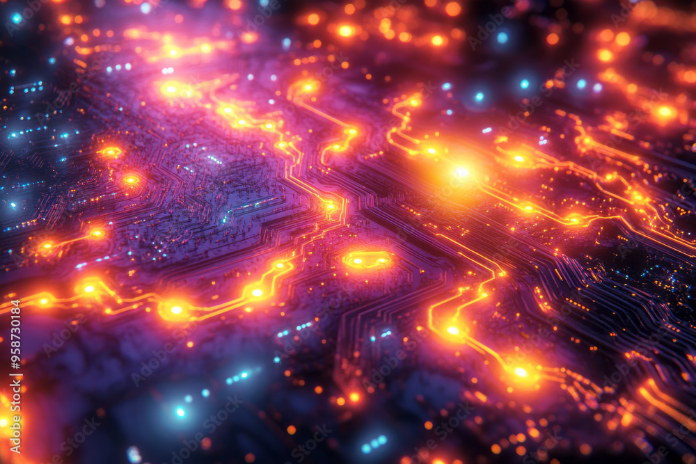 A seamless grid of circuit pathways with towering nodes glowing in orange and cyan, set against a pastel yellow background, A seamless grid of circuit pathways with towering nodes glowing in orange and cyan, set against a pastel yellow background,