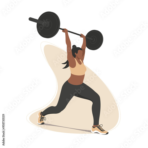 Clean and Jerk Exercise: Vector Illustration of a Fitness Woman Lifting Barbell Overhead Demonstrating Strength and Power