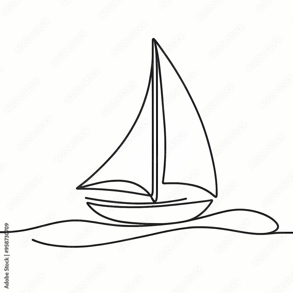 Simple illustration of a sailboat in the sea drawn with a continuous black line on a white background, minimalist design perfect for nautical-themed projects, travel graphics, and adventure branding. Simple illustration of a sailboat in the sea drawn with a continuous black line on a white background, minimalist design perfect for nautical-themed projects, travel graphics, and adventure branding.