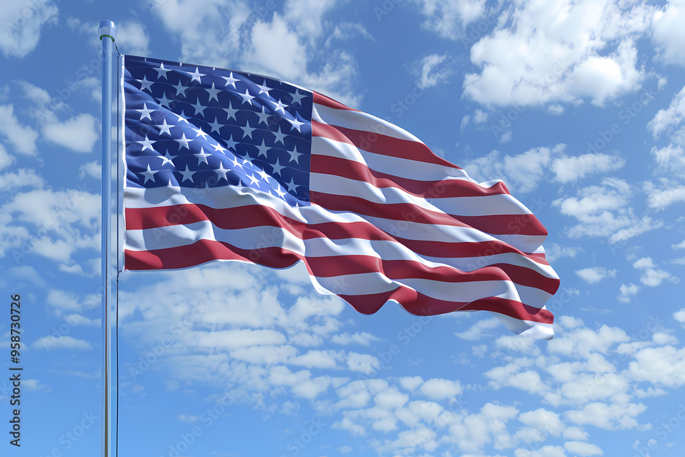 Obraz premium Waving American flag against a bright blue sky filled with fluffy clouds.