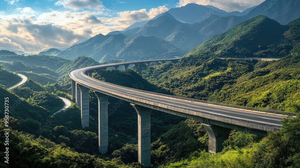 Elegant multi-tiered road bridges, stretching across a scenic valley, with a realistic background of mountains and greenery Elegant multi-tiered road bridges, stretching across a scenic valley, with a realistic background of mountains and greenery
