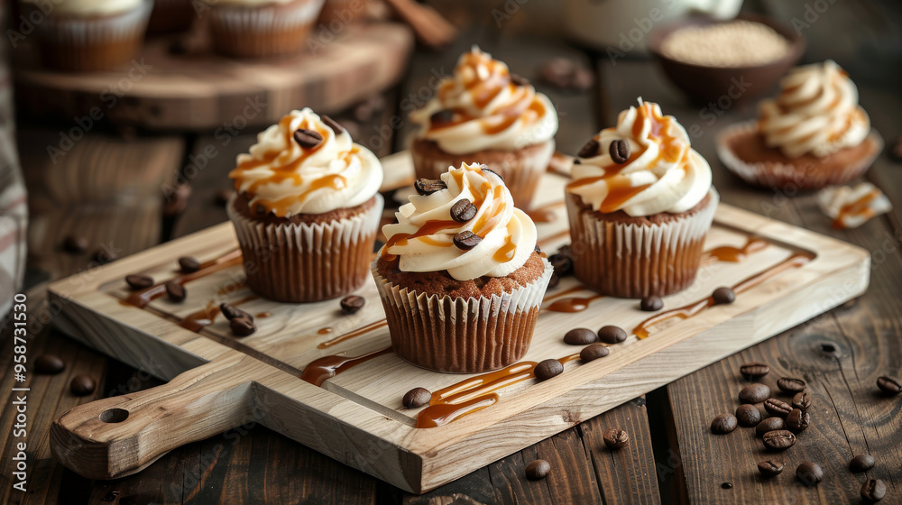 An elegantly arranged rustic wooden tray in a cozy cafe setting featuring coffee-infused cupcakes with caramel buttercream frosting An elegantly arranged rustic wooden tray in a cozy cafe setting featuring coffee-infused cupcakes with caramel buttercream frosting