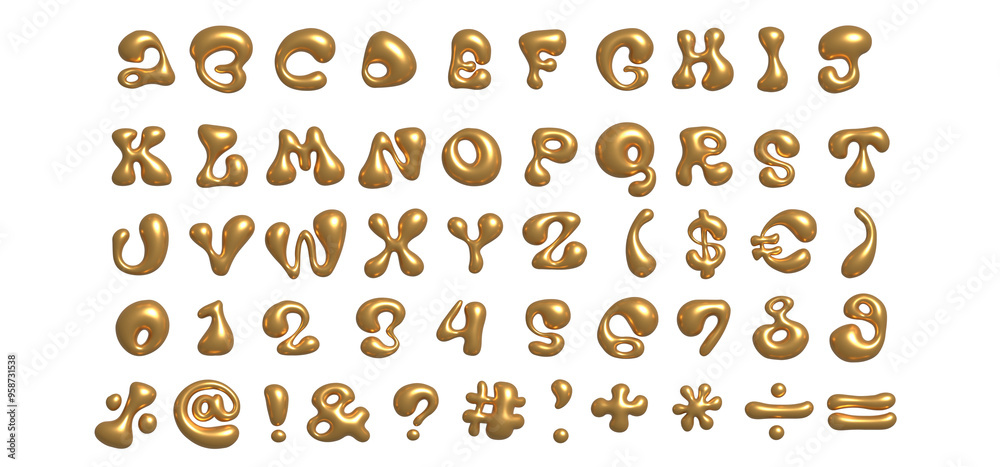 3d gold liquid font in y2k style isolated on a transparent background. Render of 3d golden inflated alphabet and numbers with shine glossy effect. Liquid organic typography 3d gold liquid font in y2k style isolated on a transparent background. Render of 3d golden inflated alphabet and numbers with shine glossy effect. Liquid organic typography