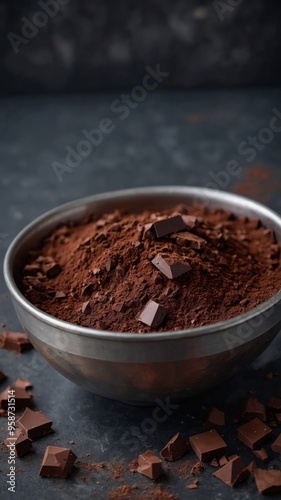 Dark chocolate powder in a metal bowl with scattered pieces.