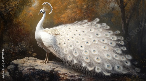 Elegant white peacock with stunning feathers, posed gracefully against a realistic backdrop of a serene forest photo