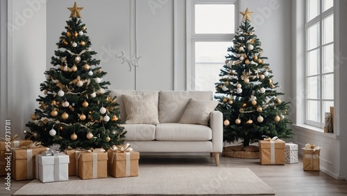 Living Room Christmas interior in Scandinavian style. Christmas tree with gift boxes. white sofa on wall Mockup