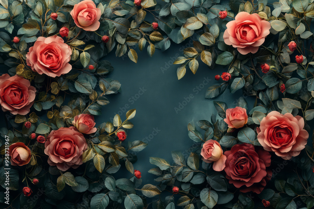 Black background with clusters of dark red roses and deep green leaves ...