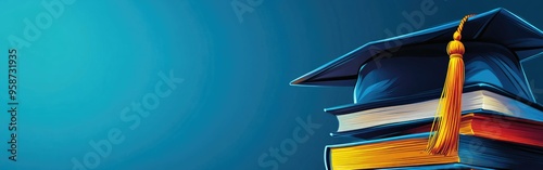 Graduation hat rests on a colorful stack of study books, symbolizing educational milestones