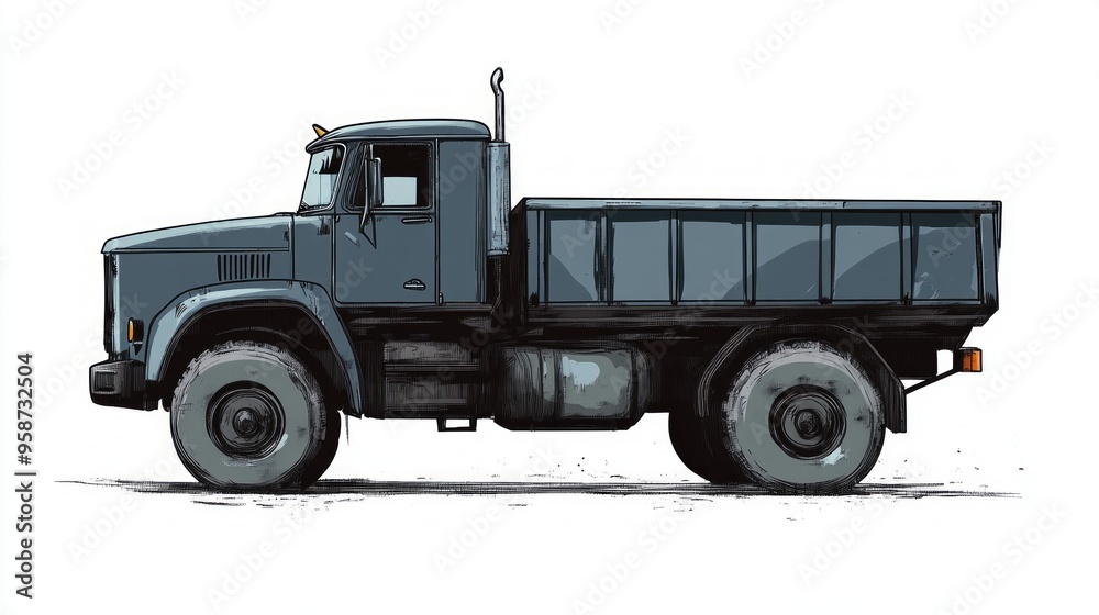 Obraz premium Illustration of a rugged dark gray dump truck shown in a side view, emphasizing its strong industrial design. The truck features a large cargo bed and thick, heavy-duty tires, giving it a robust and d