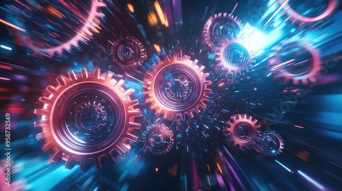 Neon-lit gears in motion, symbolizing high capacity, set against a dynamic futuristic background, creating a stunning visual effect