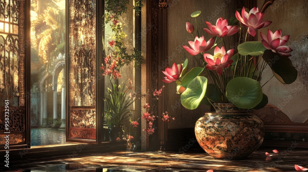 Stunning arrangement of lotuses in a large vase, set in a luxurious room with rich textures and a realistic, serene background