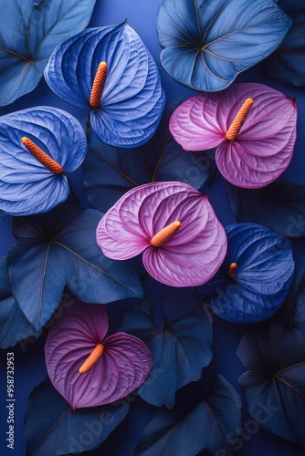 Wallpaper Mural A pattern of overlapping dark blue anthuriums and dark green ferns with a soft glowing effect, isolated on a pastel lavender background, Torontodigital.ca