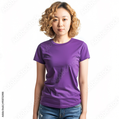 A young Asian woman with curly hair poses confidently in a purple t-shirt against a white background.